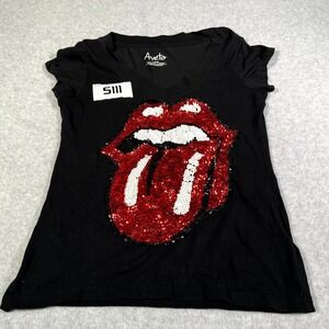 Aveto T Shirt Women Large Black The Rolling Stones Sequin Graphic Stretch V Neck